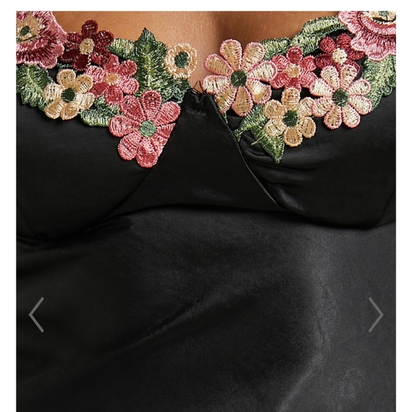 Dress ~ Black Satin Maxi Dress with Floral Detail Cup/Bust Sweetheart neck-line - Picture 3 of 15